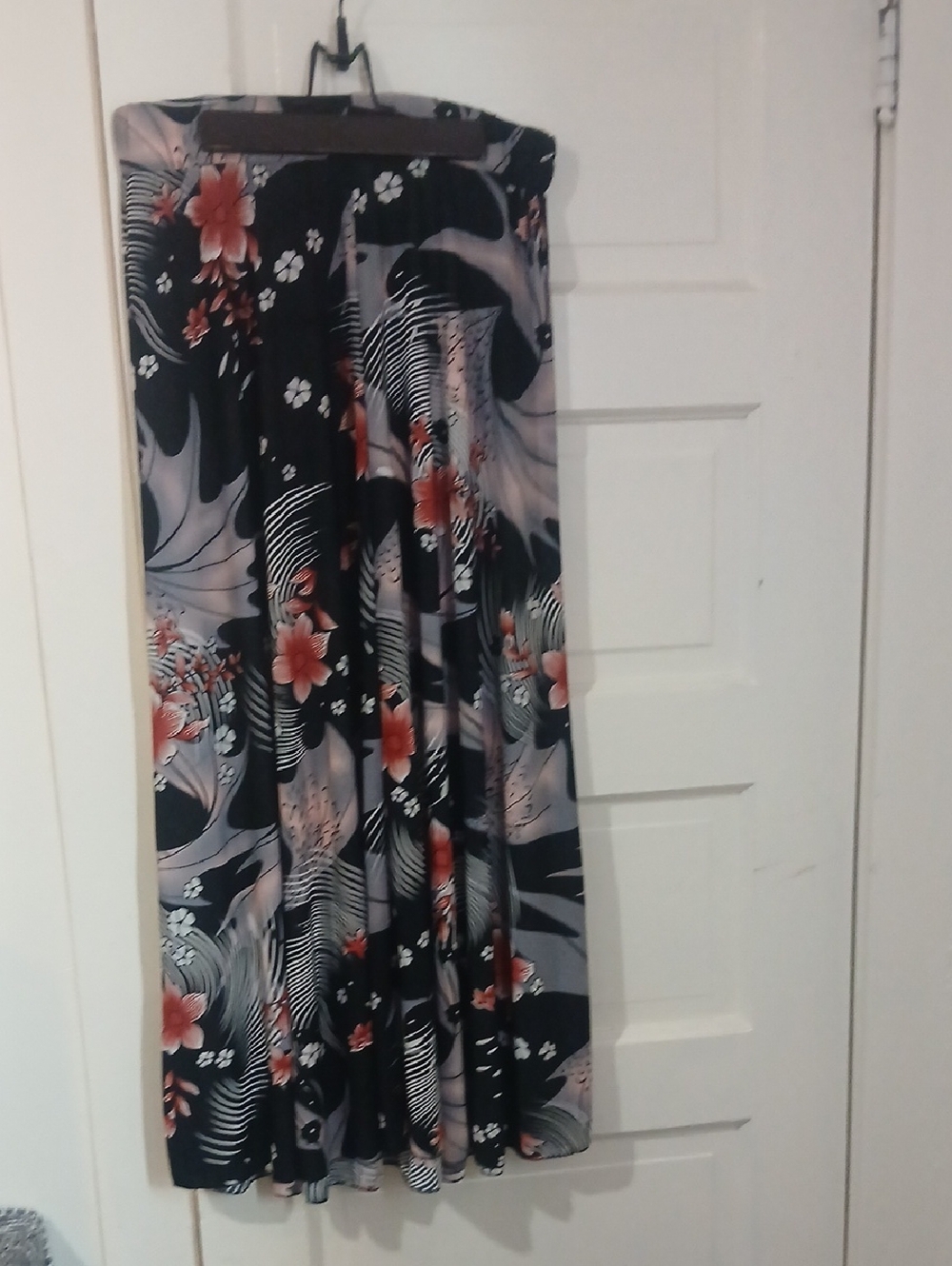 Black Floral Maxi Skirt with Coral Accents